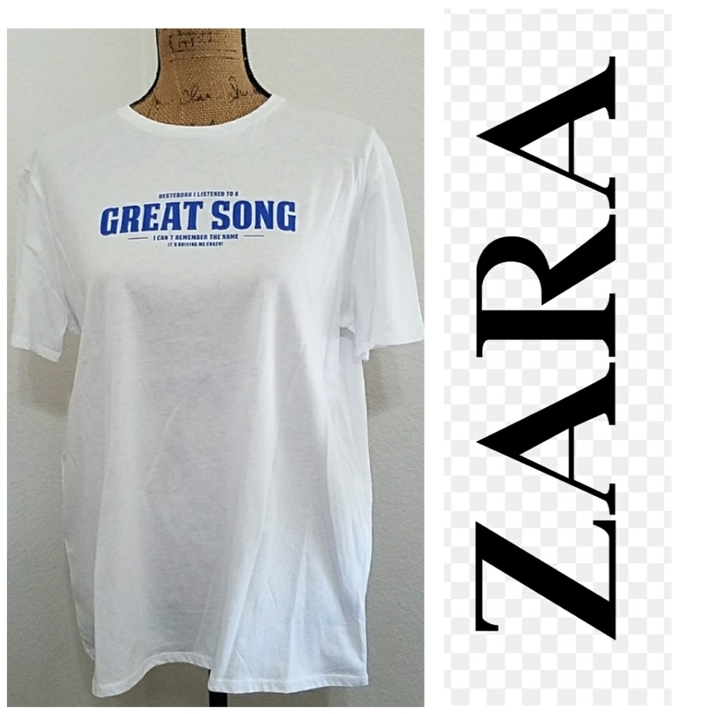ZARA 'Yesterday I listened to a Great Song...' graphic print tee Lg. pop culture - Picture 1 of 7